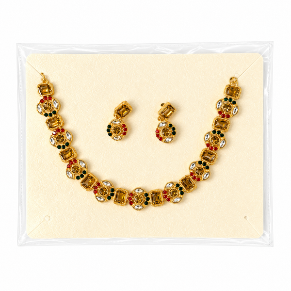 Amber stone jewelry set, multicolor traditional necklace, gold plated choker set, antique style Indian jewelry, red green white stone necklace, vintage look ethnic jewelry, festive statement necklace.