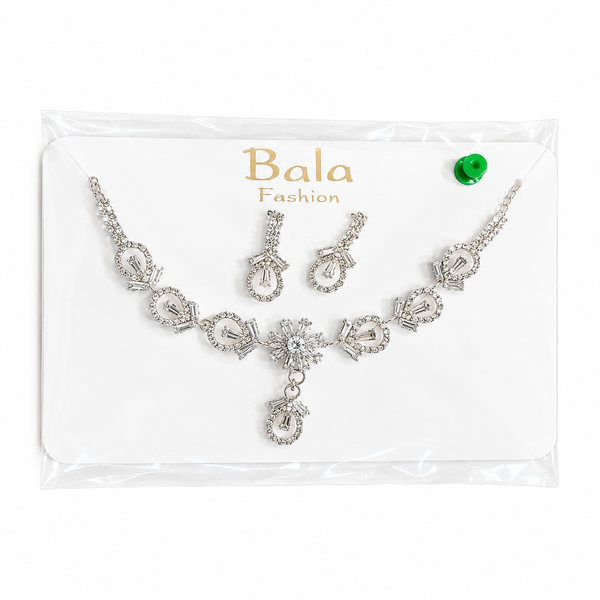 Elegant Silver-Tone Crystal Snowflake Drop Necklace & Earring Set