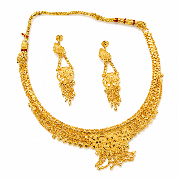 Gold Plated Necklace Set, Traditional Necklace, Ethnic Jewellery, Bridal Necklace Set, Wedding Jewellery, Designer Necklace Set, Women's Jewellery, Indian Jewellery, Festival Jewellery, Party Wear Necklace, Adjustable Dori Necklace, Floral Necklace Set, Gold Finish Jewellery, Earrings Set, Fashion Jewellery