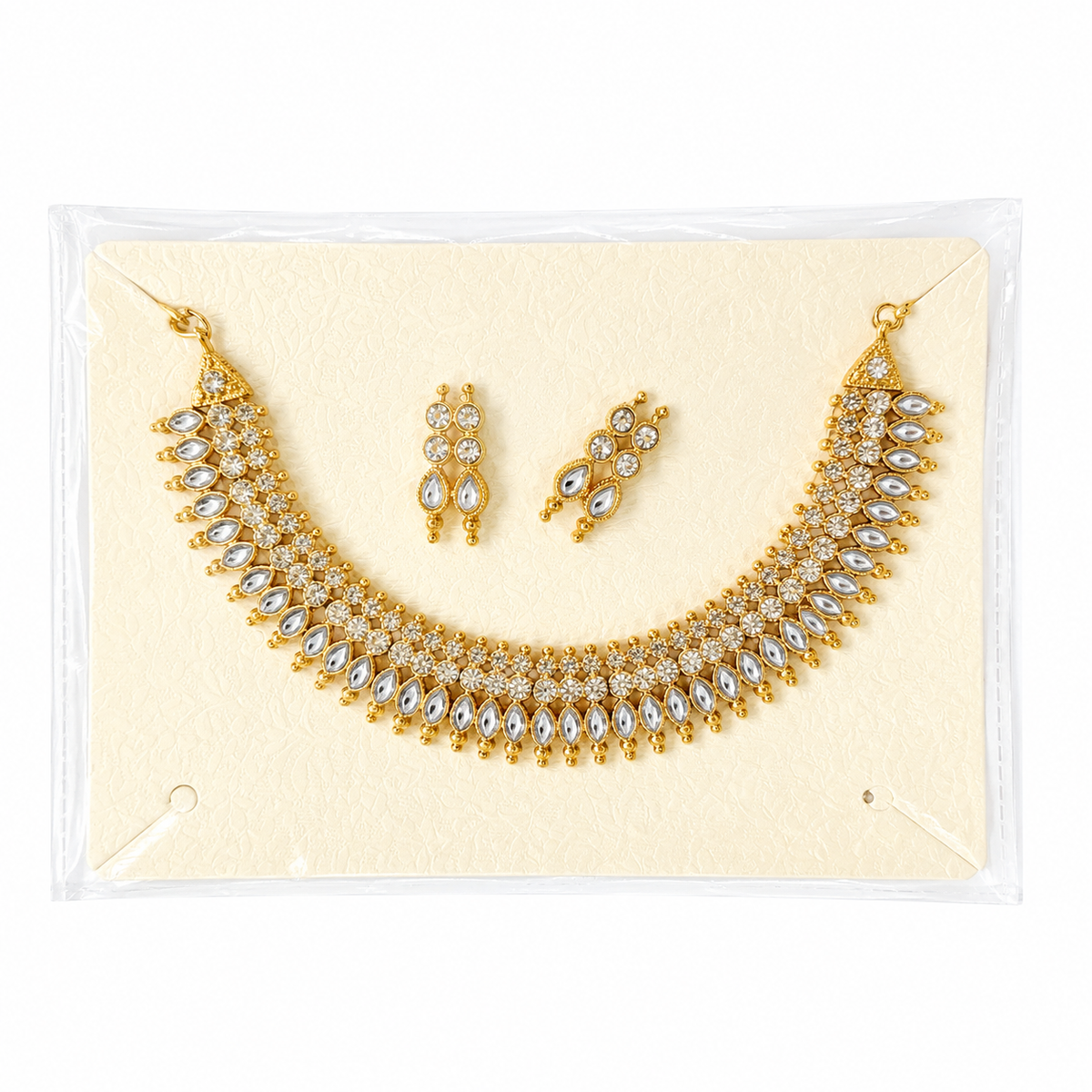 Traditional Indian jewelry set, Gold plated choker necklace, Kundan necklace set, Bridal jewelry online, Festive ethnic necklace, Choker with matching earrings, White stone gold jewelry