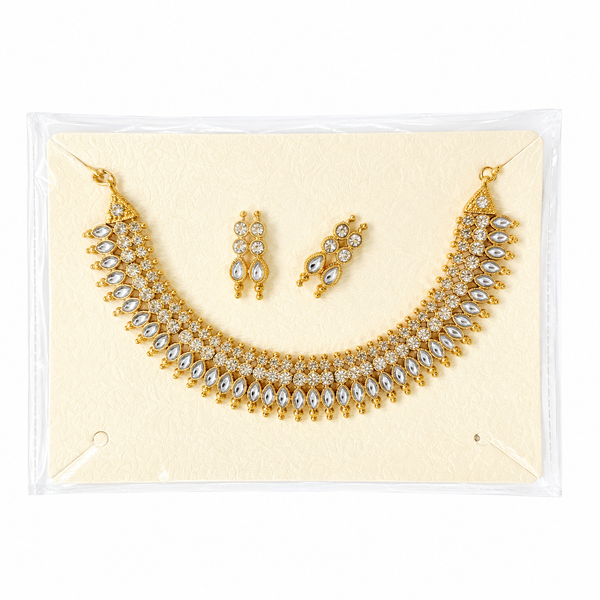 Traditional Indian jewelry set, Gold plated choker necklace, Kundan necklace set, Bridal jewelry online, Festive ethnic necklace, Choker with matching earrings, White stone gold jewelry