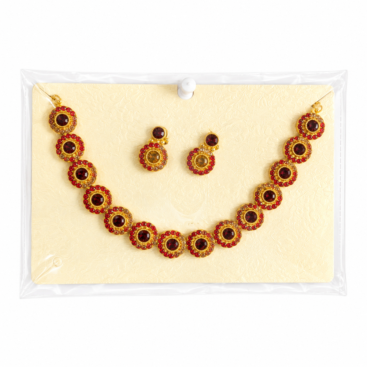 Ruby red stone jewelry set, gold plated ethnic necklace, traditional Indian necklace set, red bridal choker, round medallion jewelry, festive red gemstone necklace, wedding wear earrings.
