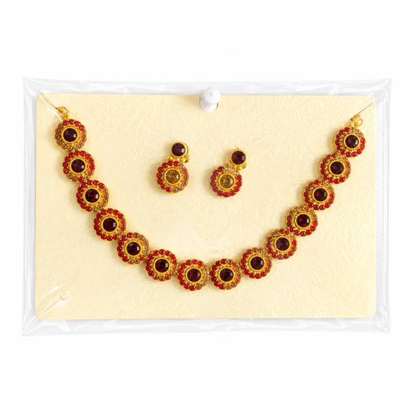 Ruby red stone jewelry set, gold plated ethnic necklace, traditional Indian necklace set, red bridal choker, round medallion jewelry, festive red gemstone necklace, wedding wear earrings.