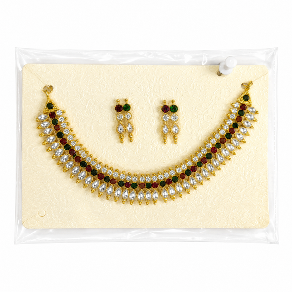 Traditional Indian jewelry set, gold plated necklace, red green white stone jewelry, festive choker set, ethnic wedding accessories, multicolored stone necklace, bridal jewelry online.