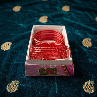 Red Glass Fancy Bangles Set (1 Dozen) for Women